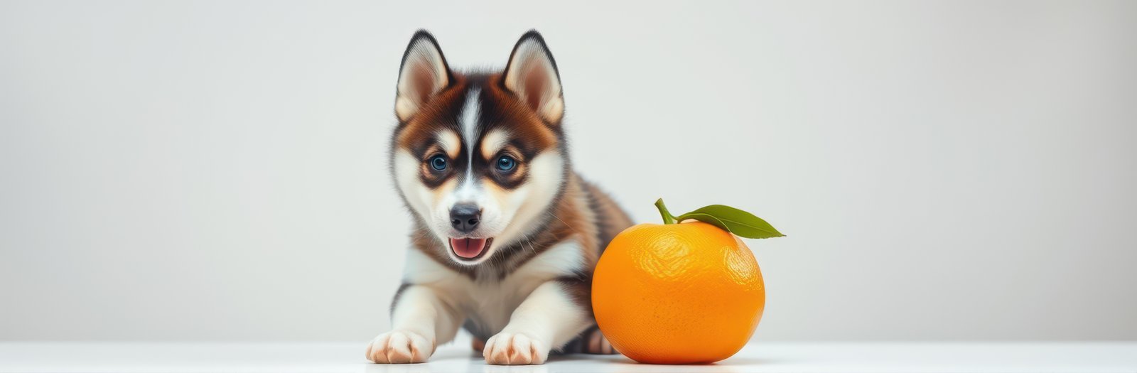 Cute puppy plays beside a bright orange fruit in indoor setting